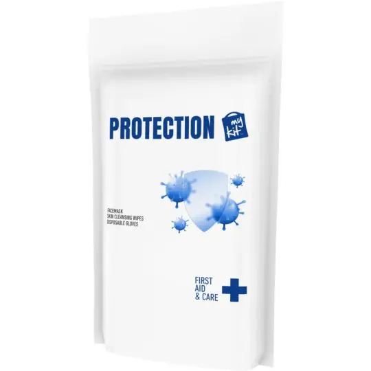 Kit de protection personnalisé en pochette papier blanche imprimée Protection avec motifs bleus, vue de face