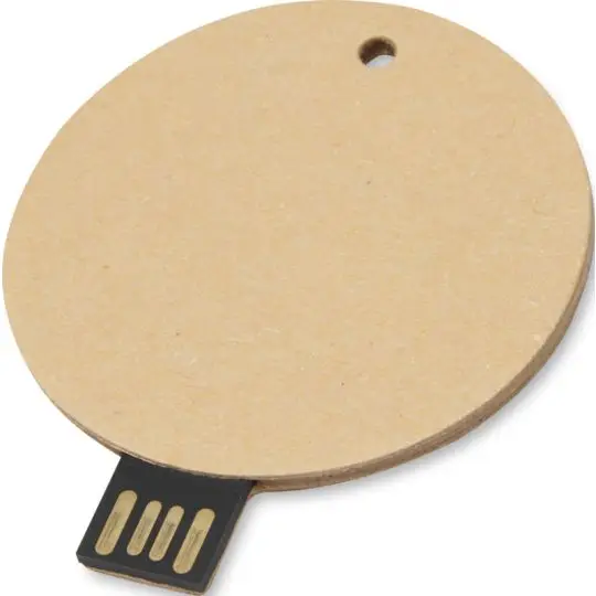 Clé USB ronde personnalisable en papier recyclé kraft, disque plat avec petit œillet et connecteur USB apparent