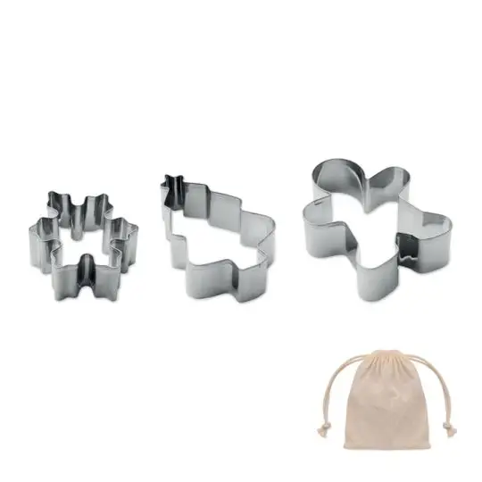 Kit de 3 emporte-pièces de Noël personnalisés en inox brillant, sapin, flocon et bonhomme, avec pochon en coton beige