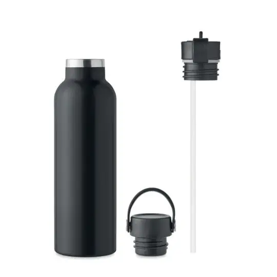 Gourde isotherme personnalisée noire 700 ml en inox recyclé avec bouchon vissé à anneau et bouchon paille amovible