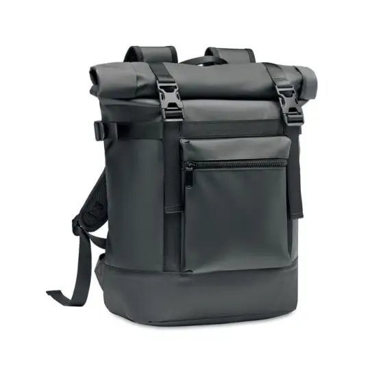 Sac à dos rolltop personnalisé noir en bâche tarpaulin avec boucles de fermeture et poche frontale zippée