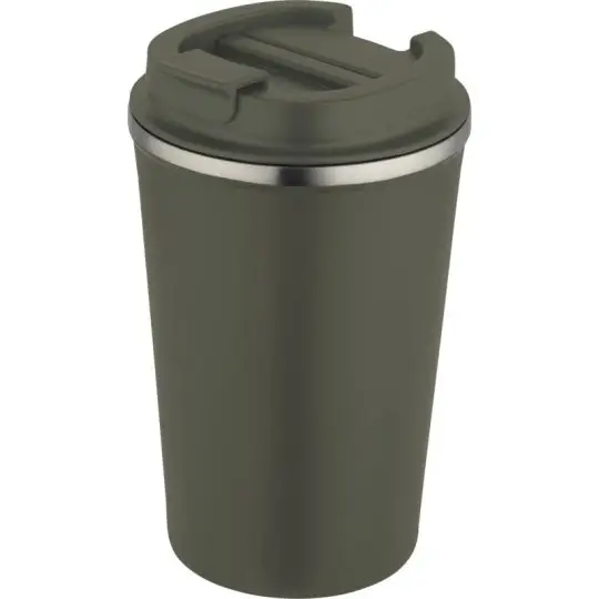 Gobelet isotherme personnalisé blanc 350ml acier inoxydable double paroi avec couvercle rotatif, mug promotionnel premium revêtement mat et bandeau acier brossé
