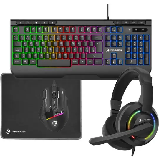 Kit gaming personnalisé Prixton Dragon avec clavier rétroéclairé, souris, casque et tapis de souris noirs