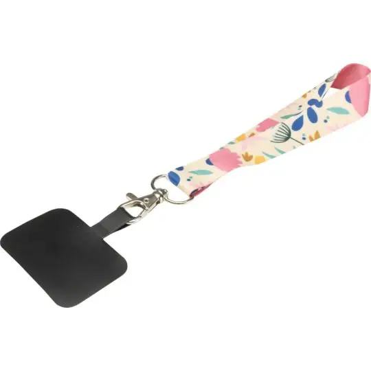 Dragonne téléphone personnalisée GABY en RPET sublimé à motif floral pastel avec mousqueton et support noir