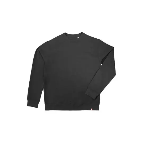 Sweat col rond noir profond made in France posé à plat, molleton coton bio et bords côte aux poignets