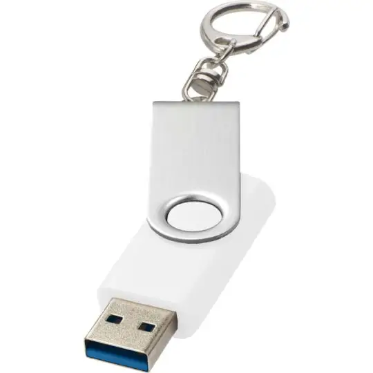 Clé USB porte-clés publicitaire Rotate blanche avec anneau métallique et étrier argenté, connecteur USB 3.0 bleu