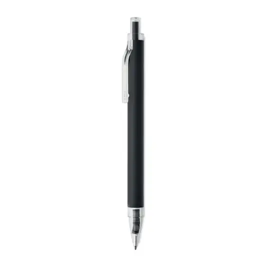 Stylo publicitaire en aluminium recyclé NOSTA noir mat à bouton-poussoir et clip, présenté à la verticale