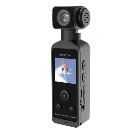 Caméra de poche personnalisée Prixton Snap DC600 noire au format vertical avec écran couleur et objectif en tête