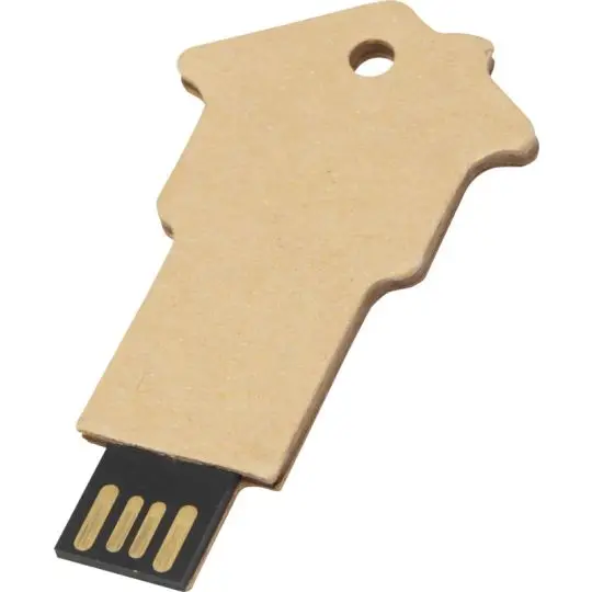 Clé USB publicitaire en papier recyclé kraft en forme de maison avec cheminée, œillet rond et connecteur USB