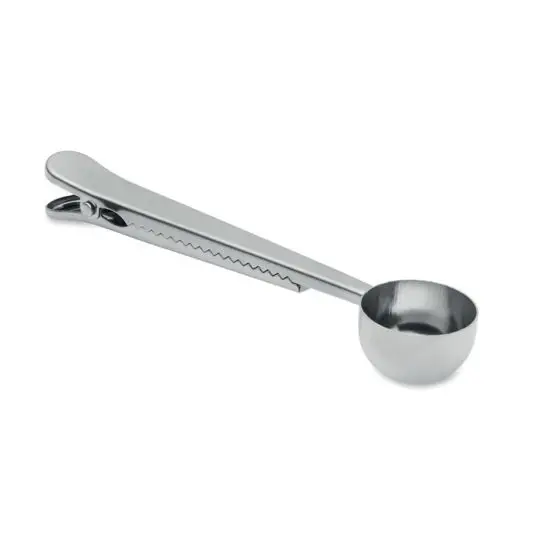 Cuillère doseuse personnalisée en inox poli avec mesure ronde de 15 ml et manche formant un clip pour sachet de café