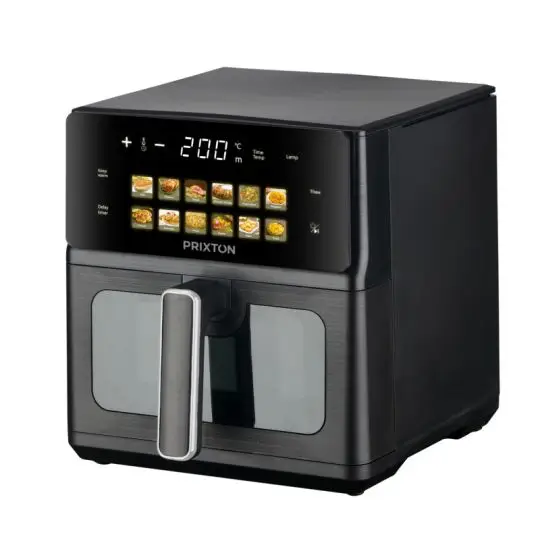 Friteuse sans huile personnalisée Cook Organics 6 L noire, écran tactile à 12 programmes et large fenêtre en façade