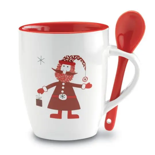 Mug de Noël en céramique personnalisable KLAUS blanc et rouge avec cuillère rouge et motif Père Noël dessiné