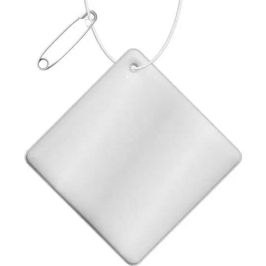 Pendentif réfléchissant personnalisé en losange de TPU aux angles arrondis, cordon blanc et épingle de sûreté