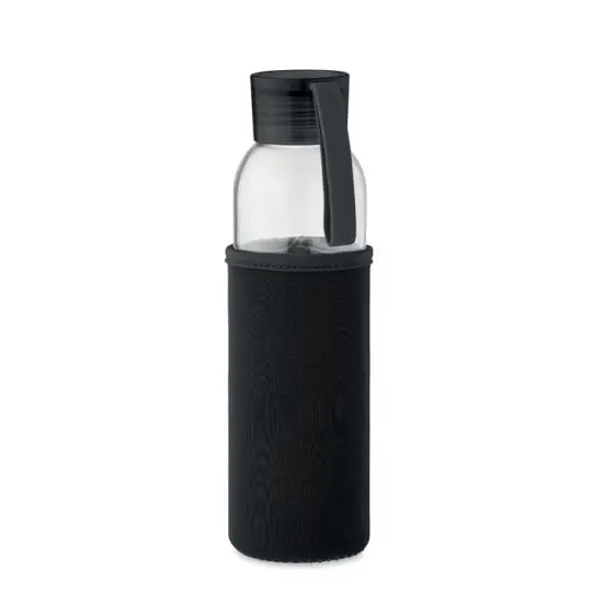 Bouteille en verre recyclé personnalisée 500 ml avec housse en néoprène noire et bouchon noir à anse silicone