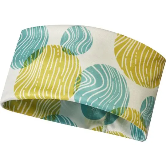 Bandeau running personnalisé Ella sublimé de cercles turquoise et vert anis à lignes blanches sur fond ivoire
