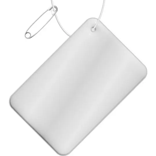 Attache réfléchissante personnalisée rectangulaire blanche argentée avec cordon blanc et épingle de sûreté