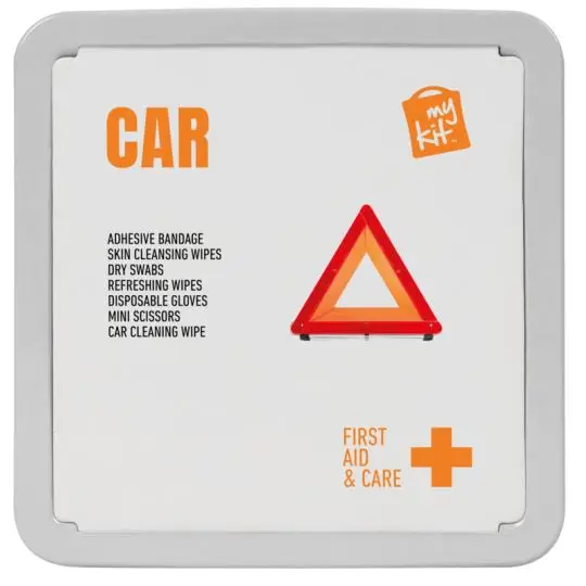 Kit de premiers secours voiture personnalisable MyKit, boîtier métallique gris, contenu de soins visible

