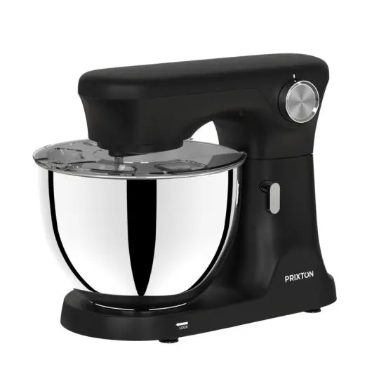 Robot pâtissier publicitaire Prixton KR350 noir mat, bol inox 8 litres poli et couvercle transparent, vue de face
