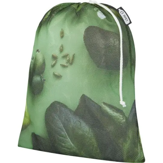Sac fruits et légumes personnalisable en polyester recyclé sublimé motif feuilles vertes avec cordon blanc