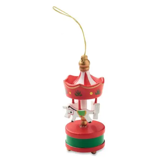 Décoration de Noël personnalisée WHIRL, carrousel en bois rouge et vert avec cheval blanc et cordon doré à suspendre