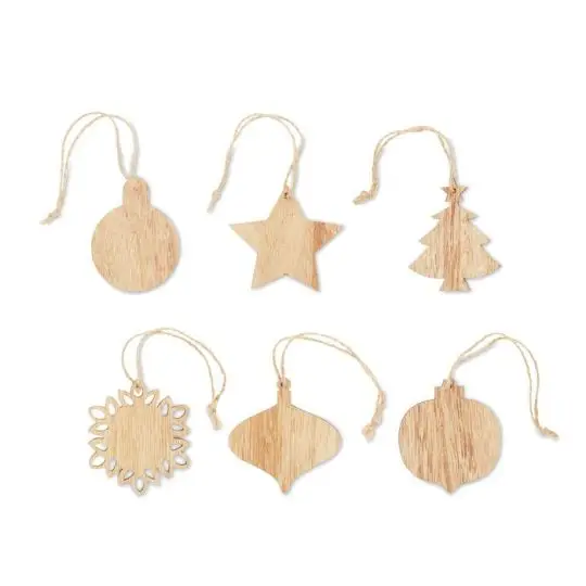 Lot de 6 décorations de Noël en bois de hêtre personnalisables CHRISET : boules, étoile, sapin et flocon à suspendre
