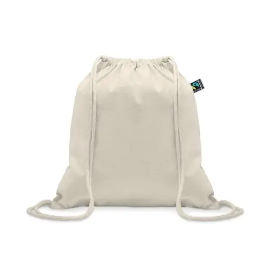 Sac à dos cordelette en coton équitable beige 180 g/m² avec cordons en coton et petite étiquette latérale
