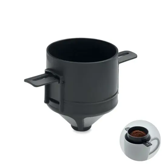 Filtre à café réutilisable personnalisé noir à deux bras d'appui, présenté seul et posé sur une tasse blanche
