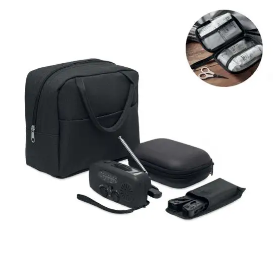 Kit d'urgence personnalisé SAFENEST : sac isotherme noir, radio-torche, trousse de secours et outil multifonction