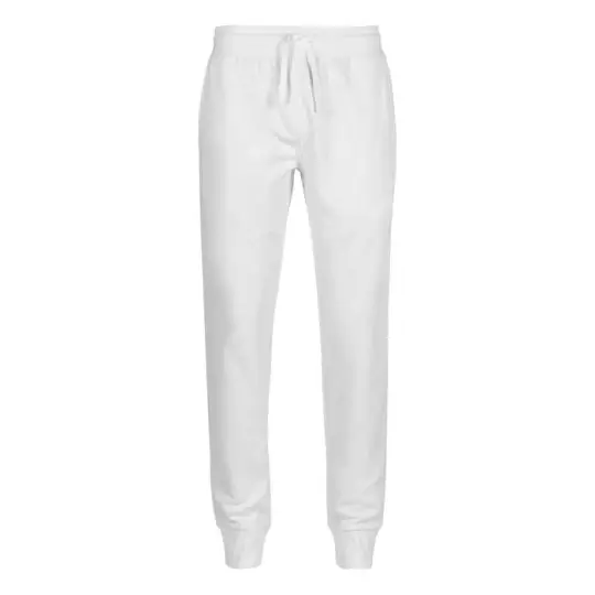 Pantalon de jogging homme personnalisé blanc en molleton coupe slim présenté de face avec cordon et bords côte