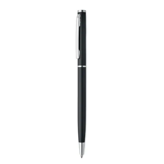Stylo aluminium personnalisé NIMES noir à mécanisme twist avec clip et pointe chromés, vu de profil