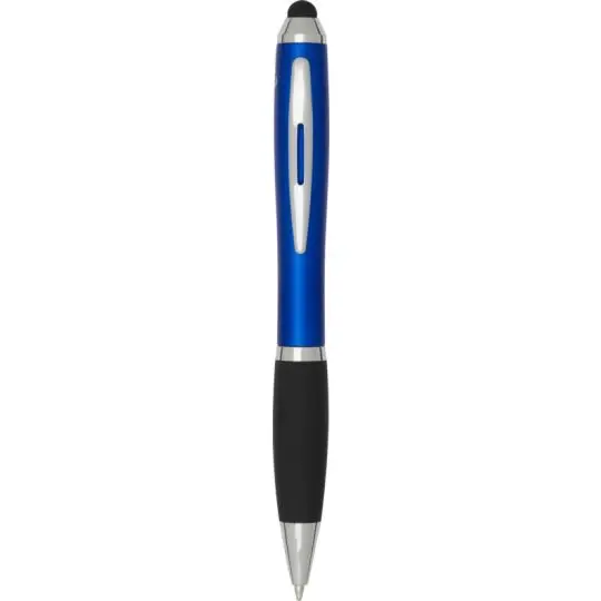 Stylo stylet publicitaire Nash au corps bleu royal perlé, grip noir, clip argenté et embout tactile noir, vu de face