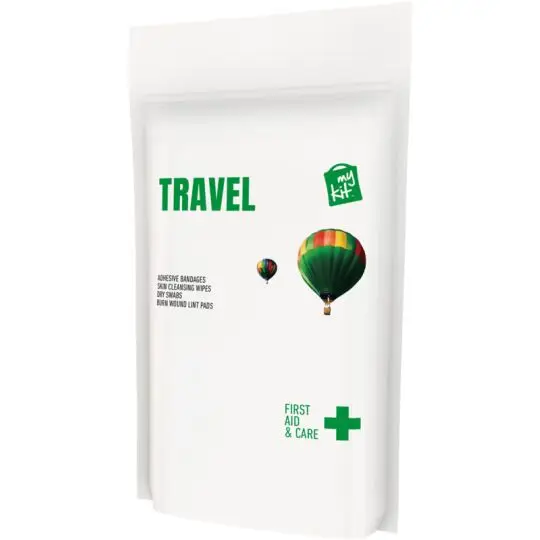 Kit de secours voyage personnalisé en pochette papier blanche avec titre Travel et montgolfière