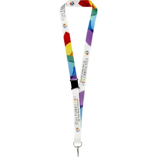 Tour de cou personnalisable en rPET blanc imprimé CultureFest, boucle noire et mousqueton métallique