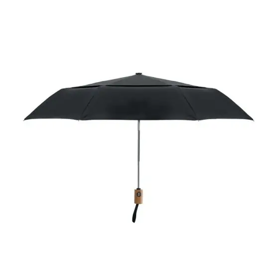 Parapluie pliable 21 pouces publicitaire DRIP noir ouvert avec manche en bambou et toit ventilé