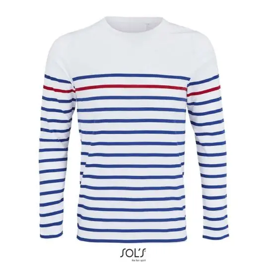 Tee-shirt femme manches longues personnalisable Matelot LSL, rayures bleu roi sur fond blanc et filet rouge
