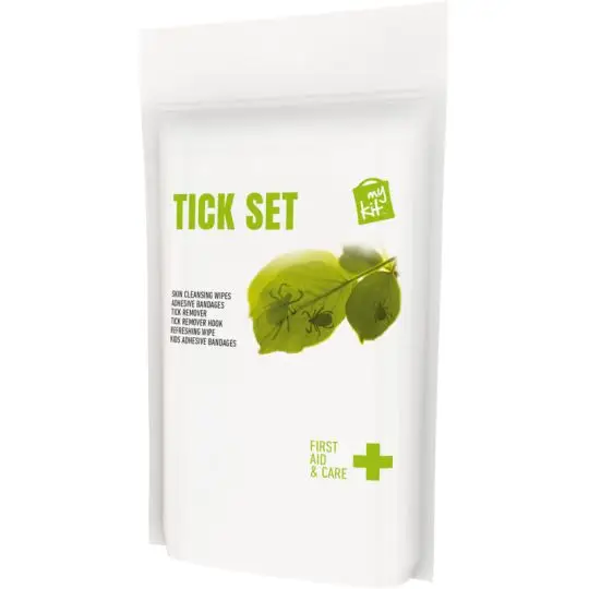 Pochette papier blanche du kit anti-tiques personnalisé MyKit imprimée Tick Set avec feuilles vertes et croix verte