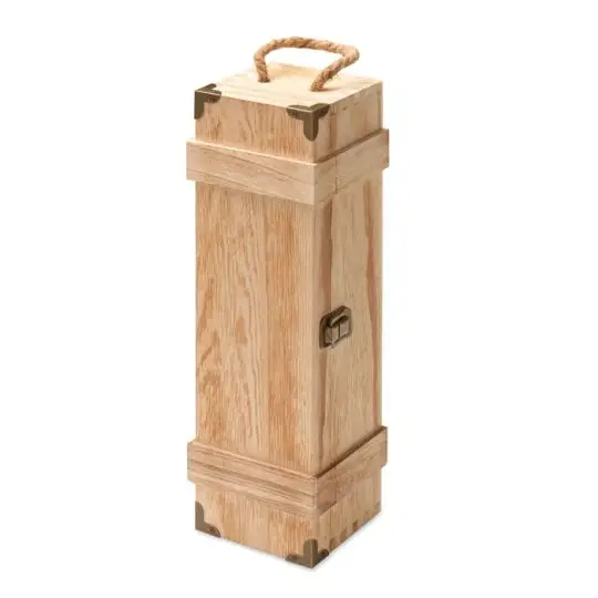 Coffret à vin personnalisable en paulownia fermé, avec poignée en corde et coins métalliques, vue de face