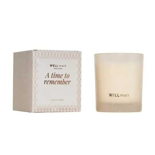 Bougie cadeau personnalisable Echoes of Kindness en verre avec cire rose pâle et coffret clair à motif