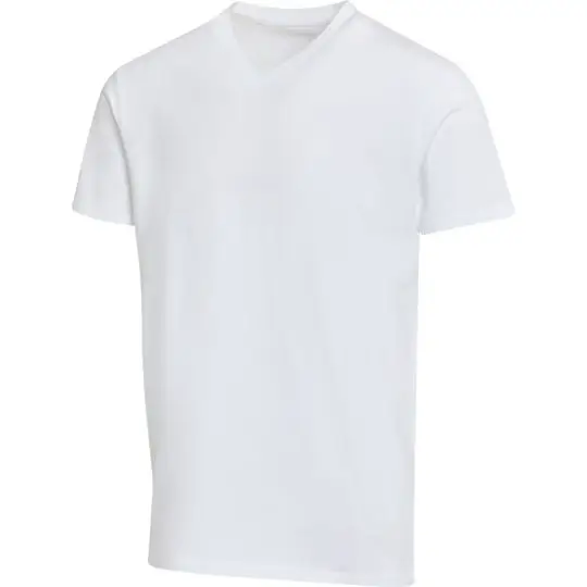 T-shirt col V personnalisé unisexe Balfour en coton bio, coloris blanc vu de face sur fond blanc
