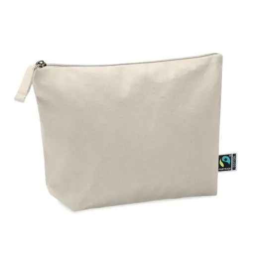 Trousse de toilette personnalisable en coton Fairtrade beige naturel avec fermeture zippée et étiquette du label