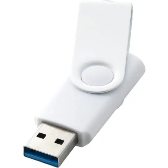 Clé USB 3.0 publicitaire Rotate blanche avec clip métallique pivotant et connecteur bleu