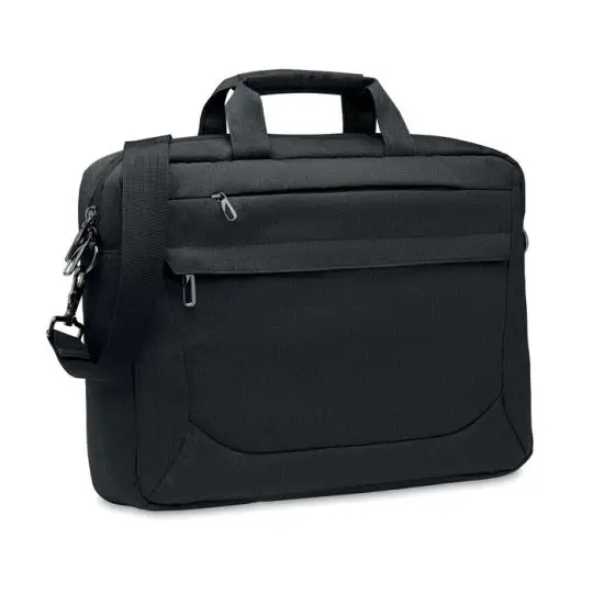 Sacoche ordinateur personnalisable en RPET 600D noire avec poignées, poche avant zippée et bandoulière amovible