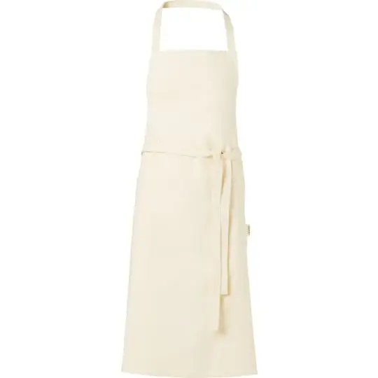 Tablier personnalisé en coton bio OCS coloris naturel écru avec bavette, sangle de cou et longs liens, vue de face