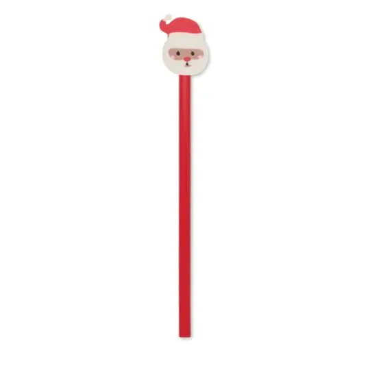 Crayon de Noël personnalisable rouge en bois de peuplier surmonté d'une gomme tête de Père Noël à lunettes