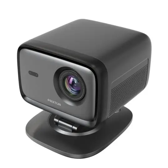 Projecteur Full HD personnalisé Prixton Monet noir sur socle rond, façade gris anthracite et objectif central