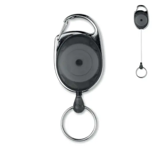 Porte-badge enrouleur publicitaire ARRONSA noir translucide avec mousqueton métal et anneau porte-clés