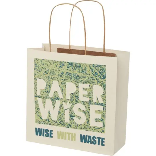 Sac papier personnalisé blanc cassé à poignées torsadées marron, imprimé d'un visuel vert à texture de paille