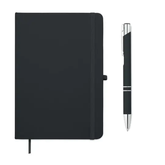 Carnet A5 personnalisé noir à élastique et marque-page avec stylo à bille noir et chromé en aluminium recyclé