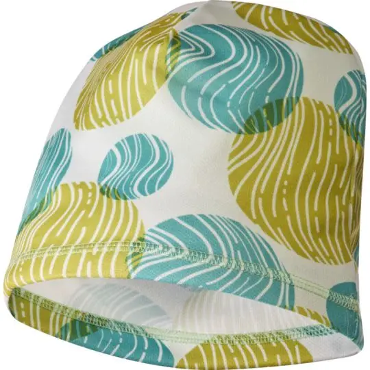 Bonnet personnalisé LEIA sublimé de feuilles stylisées vert anis et turquoise sur fond blanc, vue de face