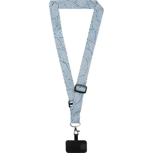 Cordon téléphone personnalisé LYRA à motif bleu ondulé, boucle de réglage et attache smartphone noire